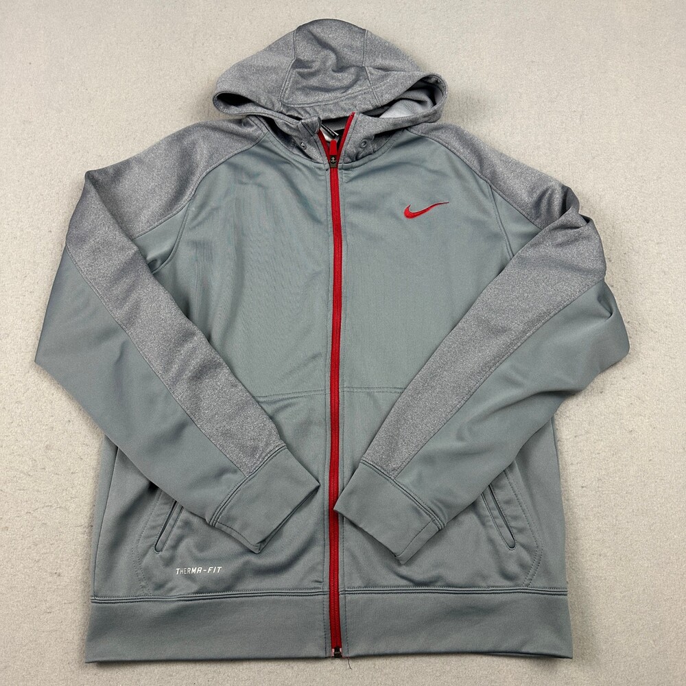 Nike Elite Hoodie Men Large Gray Red Full ZIp Swoosh Training Therma Fit L *